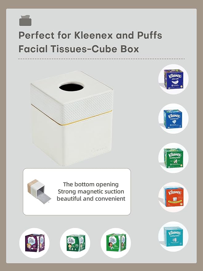 Tissue Box Holder Cover Square, Modern PU Leather Decorative Tissue Cube Holder Organizer-Woven White