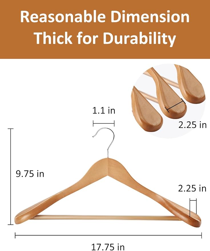 AMKUFO Wide Shoulder Wooden Hangers 8 Pack Coat Hanger with Non Slip Pants Bar, Heavy Duty Suit Hanger Wood Clothes Hangers with Smooth Finish 360° Swivel Hook for Sweater Jackets Shirts Natural