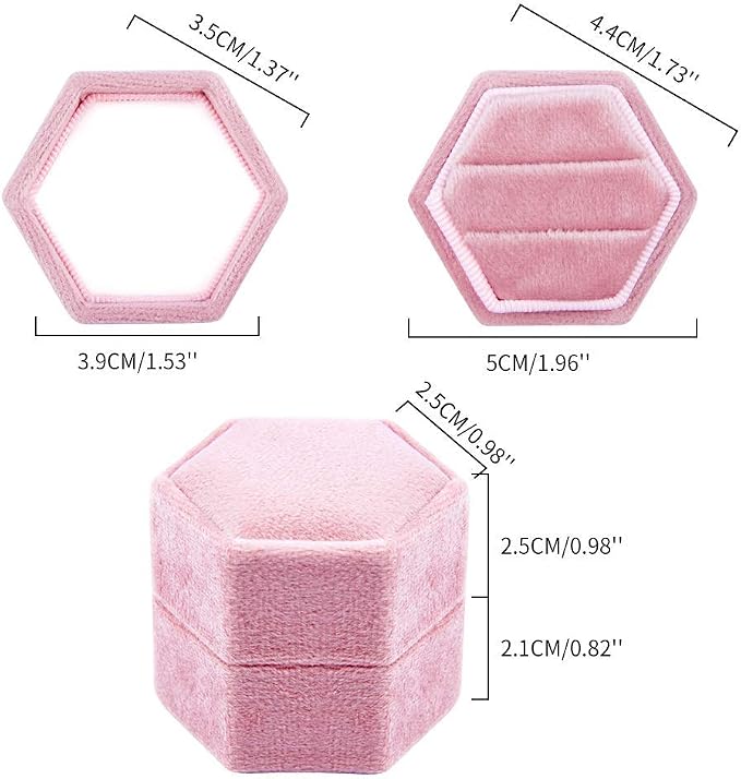 DesignSter Velvet Ring Box Hexagon - Premium Gorgeous Vintage Double Ring Display Holder with Detachable Lid for Proposal, Engagement, Wedding, Ceremony (Pink)