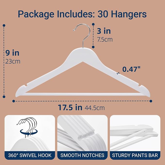 Amber Home 30 Pack White Wooden Coat Hangers, White Wood Suit Hangers with Non-Slip Pant Bar, Clothes Hangers for Closet Organization, Shirts, Jackets, Dresses, and Pants (White, 30)