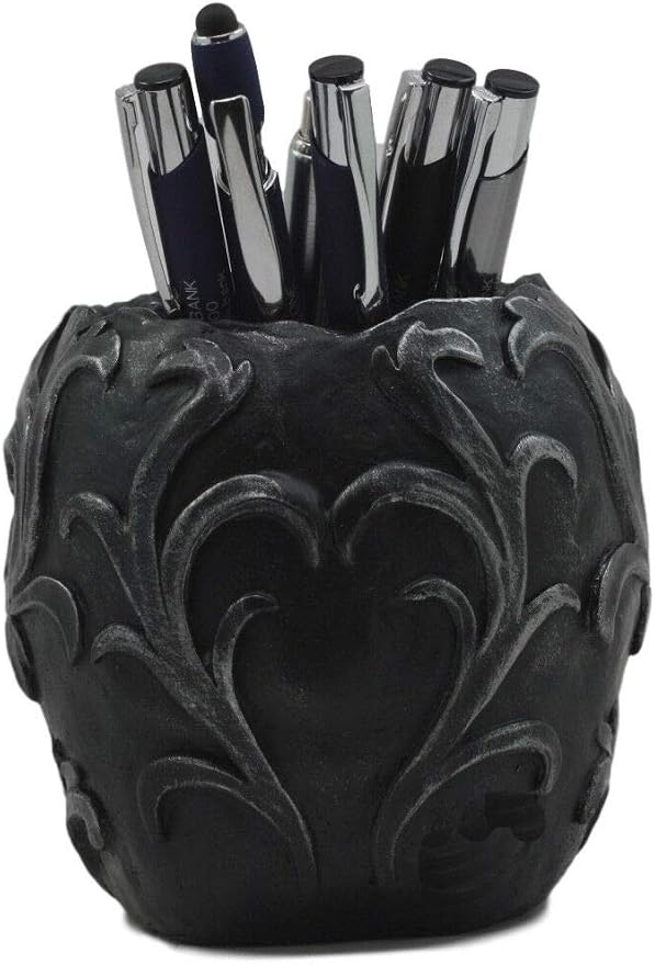 Ebros Gift Tribal Tattoo Floral Skull Pen Holder Figurine 5.75" L Office Desktop Ossuary Skulls Decor Cranium Skeleton Head Stationery Holder As Halloween Macabre Graveyard Spooky Decorative Statue