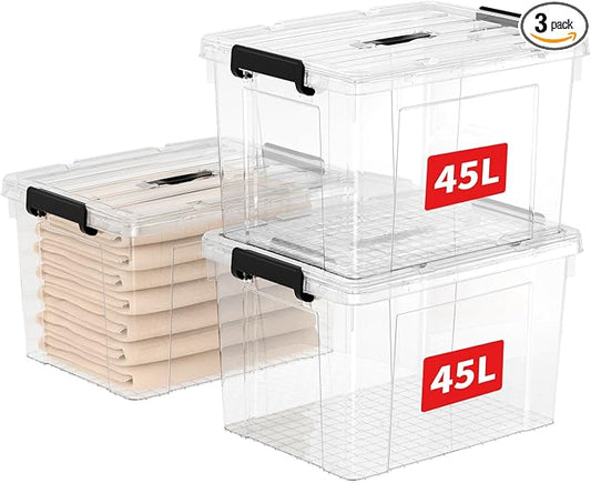Cetomo Lidded Storage Bin with Handle, Tote Organizing Container with Durable Lid and Secure Latching Buckles, Stackable and Nestable, Plastic, 50 Quart-3 Pack, Clear