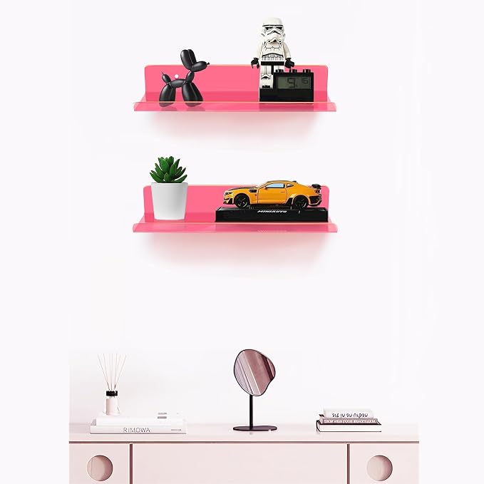 ROYALITA 2-Pack Small Acrylic Shelves Wall Mounted, 12 in Display Shelves | for Small Items, Plants, Room Decor Floating Wall Shelves for Gaming Room, Bedroom, Living Room, Office, Pink