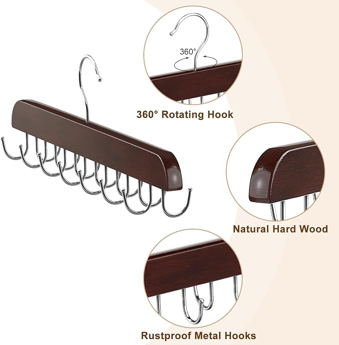 Belt Hanger for Closet Max 42 Belts, Sturdy Wood Belt Rack Closet Accessories with 14 Hooks Belt Organizer for Closet Organizers and Storage - Mahogany 1 Pack