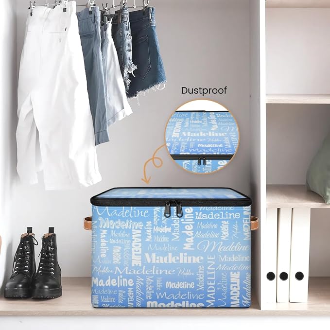 Custom Storage Basket with Name, Personalized Keepsake Box with Zipper Lid, Foldable Fabric Memory Bin Large capacity with Handle Blue