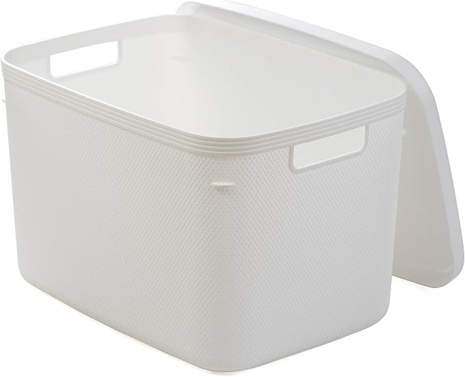 BINO | Plastic Storage Bins with Lids, 20 Liter - 3 Pack, White | THE TWILL COLLECTION | Plastic Bins for Organization | Woven Storage Baskets for Organizing | Pantry Shelf Organizer Basket Bin