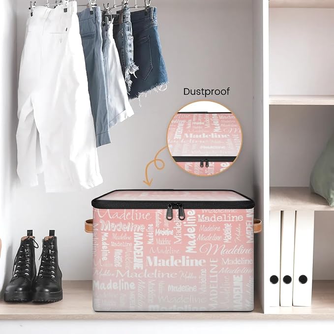 Custom Storage Basket with Name, Personalized Keepsake Box with Zipper Lid, Foldable Fabric Memory Bin Large capacity with Handle Pink White