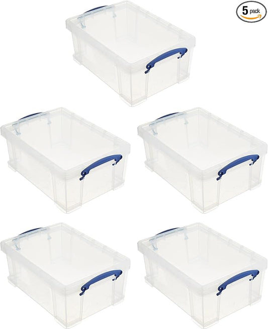 Really Useful Box Stackable 9 Liter Plastic Storage Container Bin with Snap Lid and Built-in Clip Lock Handles for Home & Office Organization (5 Pack)