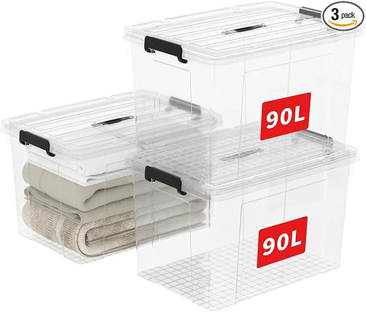 Cetomo Lidded Storage Bin with Handle, Tote Organizing Container with Wheels, Lid and Secure Latching Buckles, Stackable and Nestable, Plastic, 95 Quart-3 Pack, Clear
