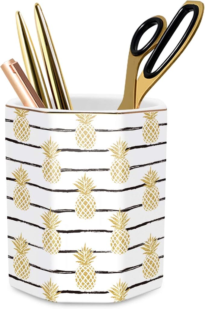 Pen Holder, Pencil Holder for Desk Pineapple Pattern Pencil Cup for Girls Kids Durable Ceramic Desk Organizer Makeup Brush Holder for Office, Classroom, Home, Yellow Pineapple