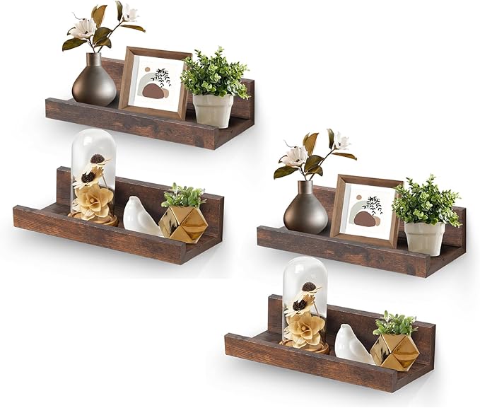 Muzilife 12" Small Floating Shelves Wood Wall Shelf with Lip, 4Pcs, Brown | FSC-Certified Wood | 20 lbs Capacity | Space-Saving | Hanging Shelf | Wall Decor| Bedroom,Living Room,Bathroom,Kitchen,Office