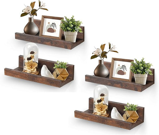 Muzilife 12" Small Floating Shelves Wood Wall Shelf with Lip, 4Pcs, Brown | FSC-Certified Wood | 20 lbs Capacity | Space-Saving | Hanging Shelf | Wall Decor| Bedroom,Living Room,Bathroom,Kitchen,Office