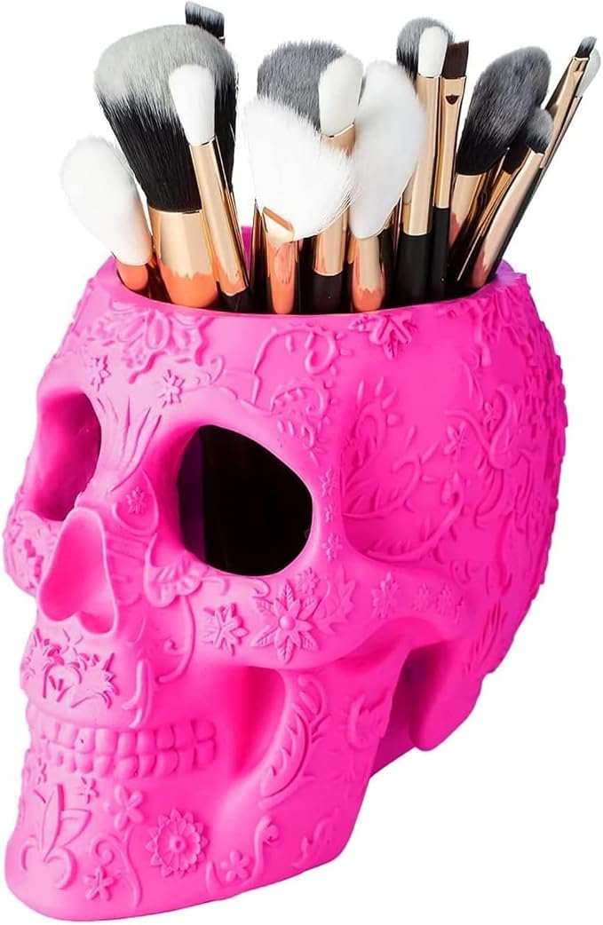 Skull Makeup Brush Holder, Pen Holder, Vanity, Desk, Office Organizer, Stationary, Decor Planter, Candy Bowl, Goth Decorations, Extra Large, Skulls Gothic Skull & Bones Organizer Bathroom (Pink)