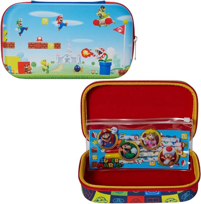 Innovative Designs Super Mario Pencil Case Set with Stickers and Gel Pens for Kids, Molded with Zip Closure