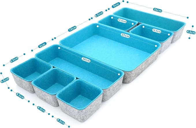 Welaxy Minimalist Felt Desk Drawer Organizer 8pc Turquoise Storage Bins