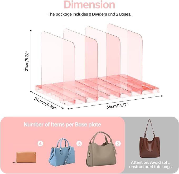 PAVSTINE 2 Pack Purse Organizer for Closet, Stackable Storage Shelf, Pink | Adjustable Clear Shelf Dividers, Keep Clutch, Bag, Pocketbook Upright, Stackable to Save Space, for Bedroom