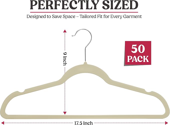 LDC Ivory Velvet Hangers 50 Pack - Premium Non-Slip Clothes Coat Pants Felt Hanger for Closet - Heavy Duty Space Saving 360° Swivel Hook Hangars - Ivory