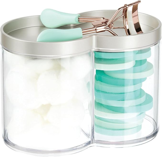 mDesign Plastic Canister Jar Organizer Set with Storage Lid - Home Decor Holder for Bathroom/Restroom Vanity Countertop, Cabinet - Holds Cotton Balls, Soap, Lumiere Collection, Clear/Matte Satin