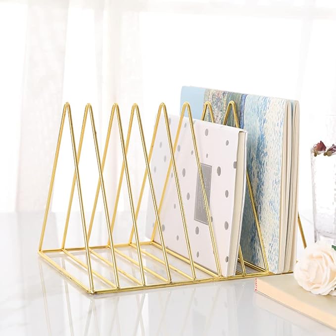 Sooyee 9 Slot Gold Magazine Holder, Desktop File Sorter Organizer Triangle Bookshelf Decor for Home Office, 10.2" L x 7" W x 6.9" H, Iron Wire