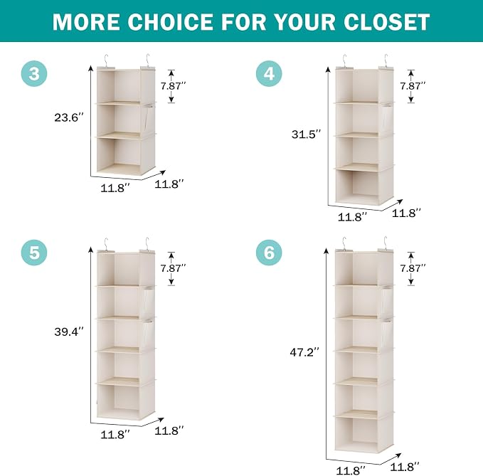 YOUDENOVA Hanging Closet Organizer, 3-Shelf Closet Hanging Storage Shelves, Beige
