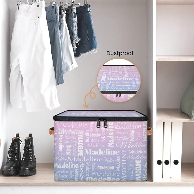 Custom Storage Basket with Name, Personalized Keepsake Box with Zipper Lid, Foldable Fabric Memory Bin Large capacity with Handle Pink Purple