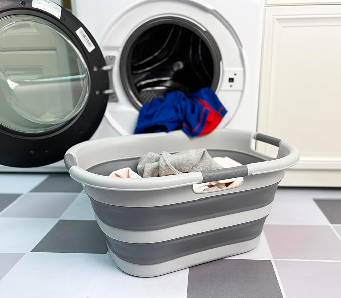 SAMMART 40L (10.5 gallon) Collapsible Plastic Laundry Hamper - Foldable Pop Up Storage Container/Organizer - Portable Washing Tub - Space Saving Basket (1, Grey/Dark Grey)