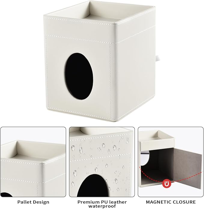 Tissue Box Cover with Storage Tray Square Tissue Box Holder PU Leather Facial Tissues Organizer Tray for Bathroom Vanity Bedroom Office Car,Stylish Napkin Caddy Decorative Organizer,Cream