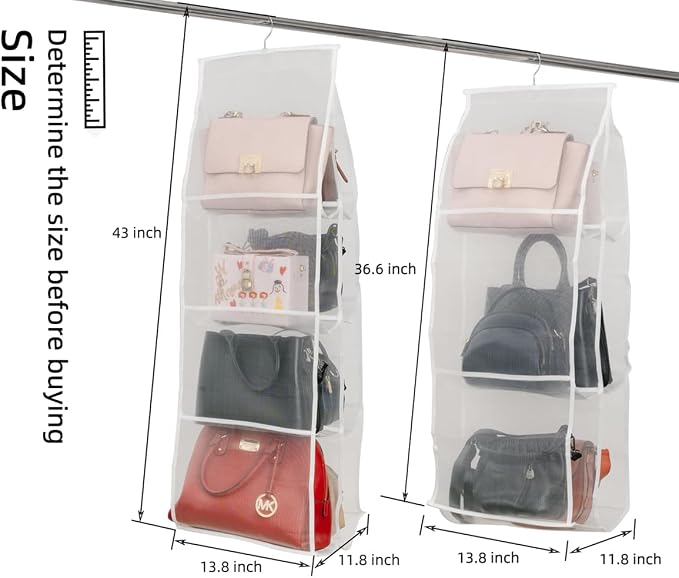Hanging Purse Organizer for Closet Handbags Storage 2 Pack 8 Pockets and 6 Pockets Purse Organizer with Metal Hooks - White Nylon