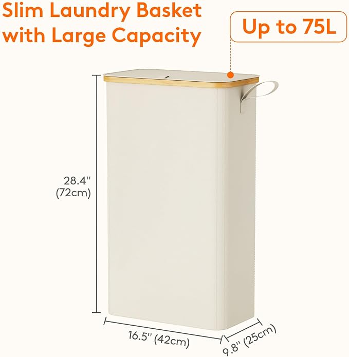 Lifewit 75L Slim Laundry Hamper with Lid, Narrow Laundry Basket with Removable Bag & Bamboo Handles, Fodable Thin Dirty Clothes Hamper for Laundry Collapsible Bin for Bathroom Bedroom Dorm, White