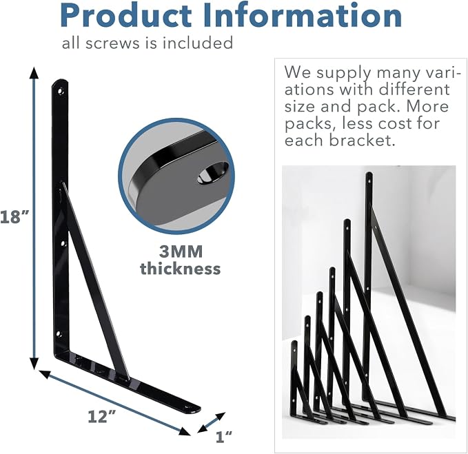 Shelf Brackets 6 Pack 18 inch Heavy Duty Metal L Brackets for Shelf 18"x12" Black Iron Wall Mount Screw Included
