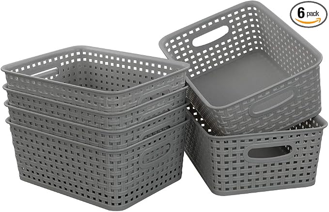 Morcte 6-Pack Gray Plastic Storage Basket, Plastic Woven Bin