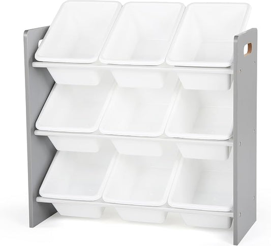 Humble Crew Toy Storage Organizer with 9 Removable Storage Bins for Kids Playroom, 3-Tier Toddler Toy Organization and Storage, Grey/White