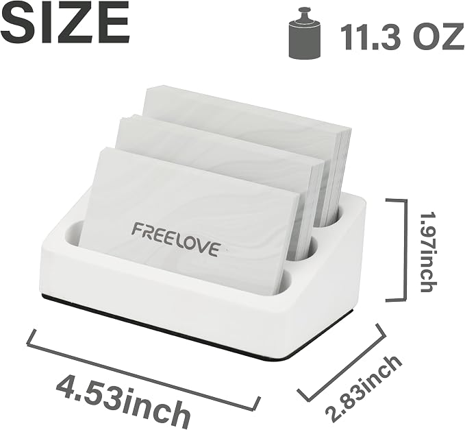 FREELOVE Desktop Card Holder, Concrete, Handmade, 3 Stair 3 Slots, Fits 30-50 Business Cards, Stone Weighted, Smooth Finish, Eva Base, Office Desk Organizer (White, Small)