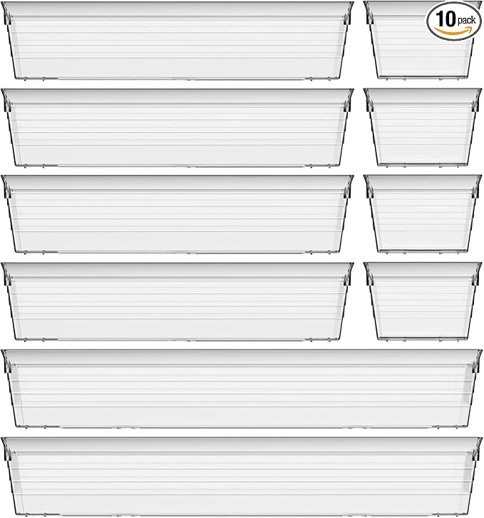 soulmate 10Pcs Clear Drawer Organizer Tray 3-Size Plastic Desk Drawer Organizations Set Bathroom Vanity Drawer Organizer Storage Tray for Makeup, Kitchen Utensils, Jewelries and Gadgets