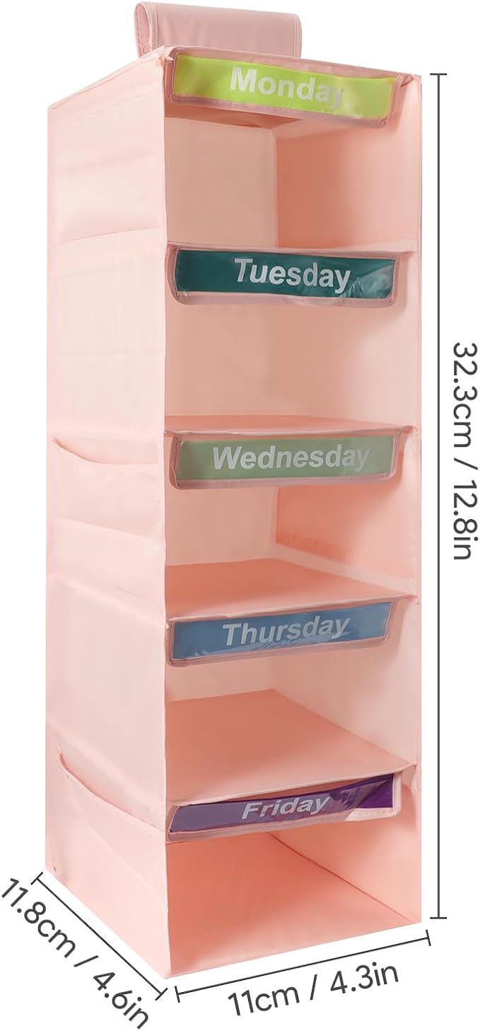 5 Shelf Days of The Week Clothes Organizer for Kids Weekly Outfits(Pink) | Weekly Clothes Organizer Monday Through Friday, Daily Hanging Closet Storage Shelves with 6 Side Pockets for Dorm Room