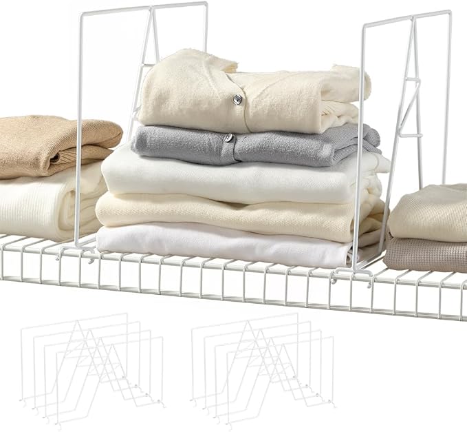 Wire Shelf Dividers - White Closet Organization & Storage Organizer - No Tool Shelf Divider for Wire Shelves - Metal Shelf Accessories – for 16“ Deep Wire Shelves – Tall 12” Height – 8 Pack
