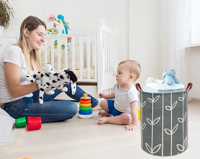 Large Storage Baskets,Waterproof Laundry Baskets,Collapsible Canvas Basket for Storage Bin for Kids Room,Toy Organizer,Home Decor,Baby Hamper (Grey leaves)