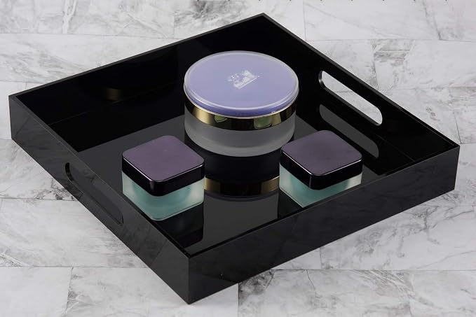 Glossy Black Sturdy Acrylic Serving Tray with Handles - 12x12 Inch Multipurpose Tray for Coffee, Appetizers, Breakfast, and More