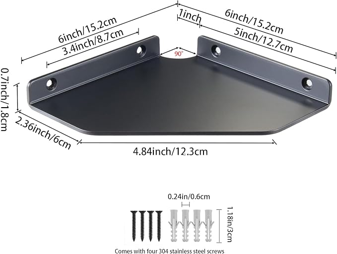 Corner Shelf Wall Mounted, Black Corner Shelf, Shower Shelf, Floating Corner Shelf – 3mm Aluminum Matte, for Bathroom Kitchen Living Room, 6 Inch Holds Phone, Plants, Speaker