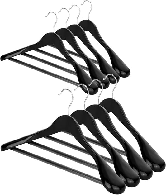 AMKUFO Wide Shoulder Wooden Hangers 8 Pack Coat Hangers with Non Slip Pants Bar, Heavy Duty Suit Hangers Wood Clothes Hangers with Smooth Finish 360° Swivel Hook for Sweater Jackets Shirts Black