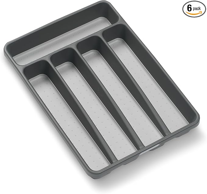 madesmart Small Silverware Tray, 5 Compartment Flatware Organizer for Forks, Knives & Spoons, Non Slip, Soft Grip Lining, Fits Small Drawers, Granite, Classic Mini (Pack of 6)