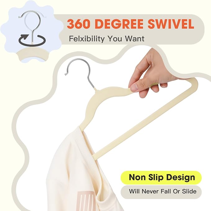 Kids Hangers 50 Pack,14 Inch Kids Velvet Hangers Slim & Space-Saving,Baby Clothes Hangers with 360 Swivel Hook,Heavy Duty Hanger for Infant & Childrens Coats, Pants,and Dress(Beige)