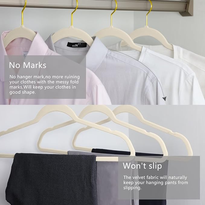 MIZGI Premium Velvet Hangers Pack 30 Pcs Heavyduty - Non Slip Slimline - Velvet Suit Hangers Ivory - Gold Hooks,Space Saving Clothes Hangers