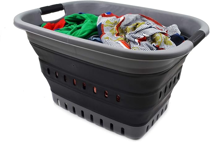SAMMART 37L (9.77 gallon) Collapsible Plastic Laundry Basket - Foldable Pop Up Storage Container/Organizer - Space Saving Hamper/Basket (1, Grey/Black)