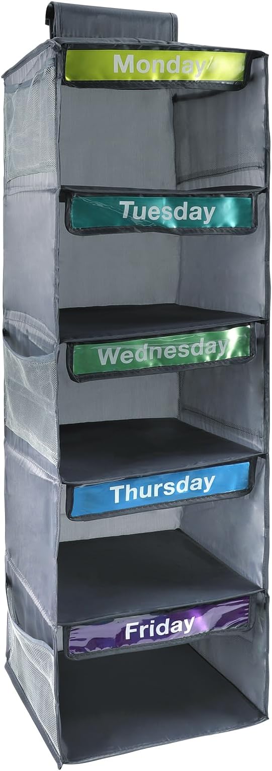 5 Shelf Weekly Clothes Organizer for Kids Daily (Grey) | Days of The Week Clothes Organizer Kid Outfit, Weekday Hanging Closet Shelves with 6 Side Pockets Monday Through Friday