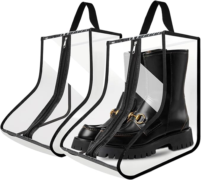 2Pack Boot Bags for Cowboy Boots Portable Tall Boot Storage Organizer Shoe Bags for Travel with Dust Covers (Clear Black)