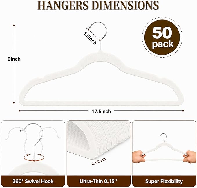 Velvet Hangers 50 Pack, Non Slip Clothes Hangers with Shoulder Notches, Slim Felt Hanger with 360° Swivel Hook, Space-Saving, Heavy Duty, for Coat, Shirt, Pants, Dress, Suits, White