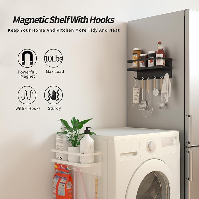 Magnetic Key Holder with Tray and Hooks, Steel Shelf for Keys, Letters, Coats, Office or Kitchen Use (Black, Medium)