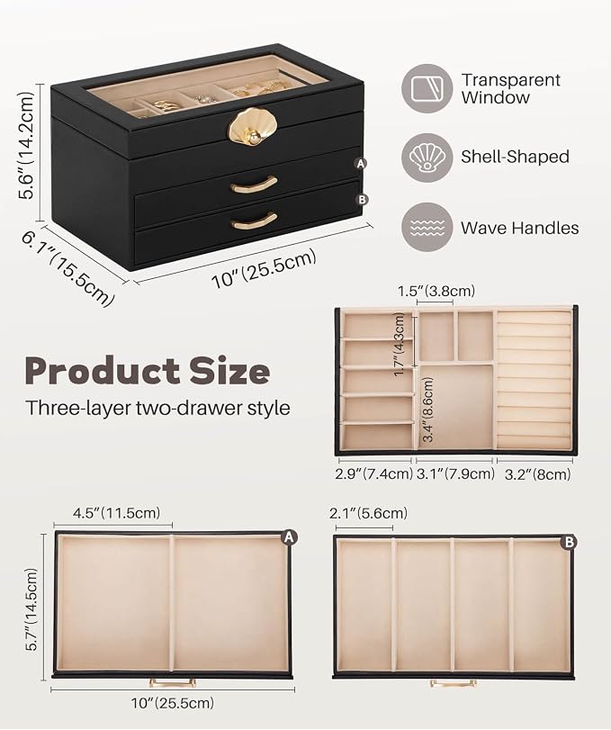 Enthralite Jewelry Box with 2 Drawers : Jewelry Display Organizer for Earrings Necklaces - Gift for Girls Women | Black