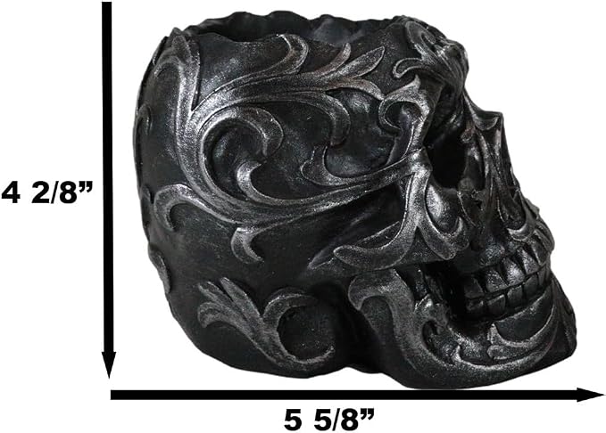 Ebros Gift Set Of 2 Tribal Tattoo Floral Skull Pen Holder Figurine 5.75" L Office Desktop Ossuary Skulls Decor Cranium Skeleton Head Stationery Holder As Halloween Macabre Graveyard Spooky Statue